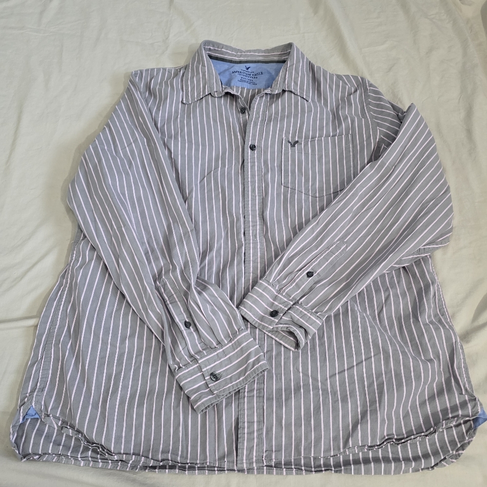 American Eagle Vintage Fit Gray/Pink Striped Button-Up Shirt Mens Sz XXL